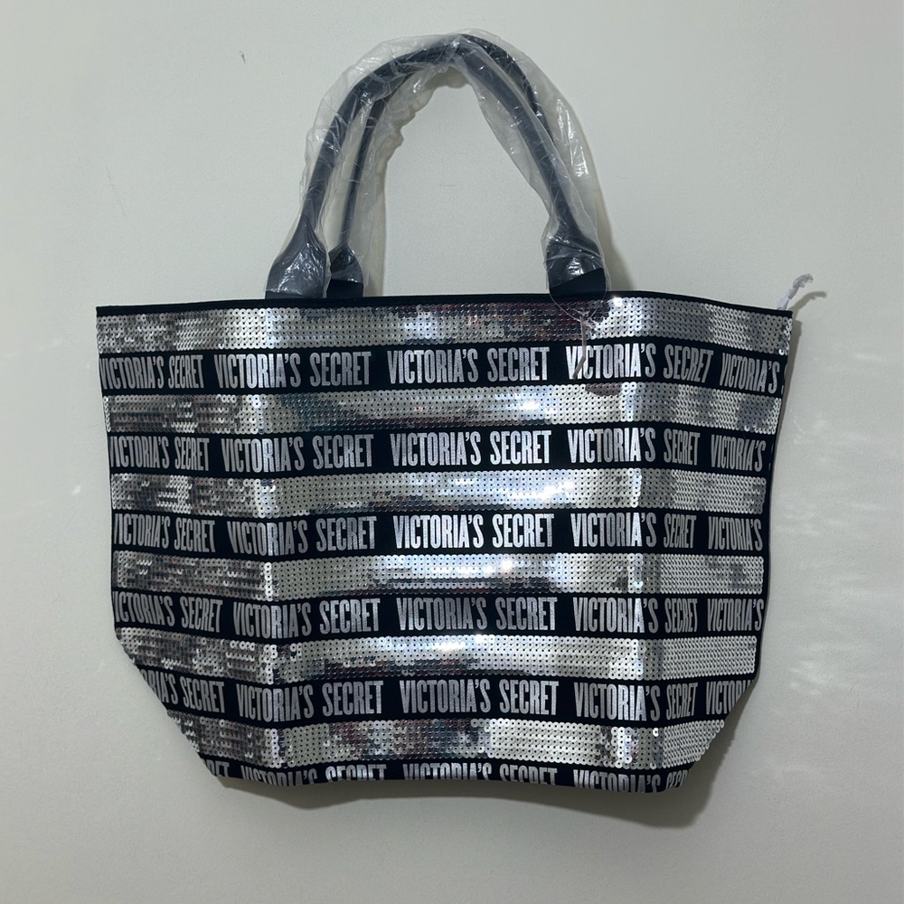NWT VICTORIA'S SECRET SILVER & BLACK STRIPE TOTE BAG SHOPPER WEEKENDER TRAVEL